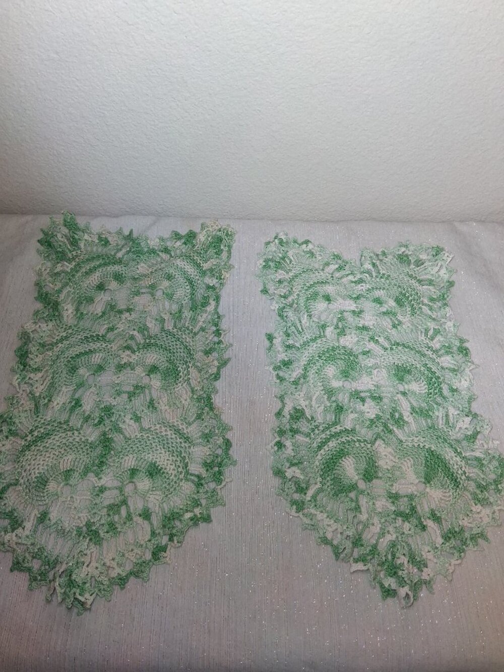 Set Of 2 Hand Crocheted Doilies Doily Frilly Green Teal And White Grannycore
